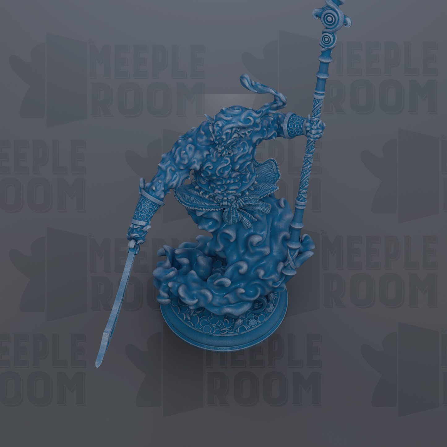 A blue, 3D-rendered statue of a fantastical creature with intricate, flowing patterns and designs.