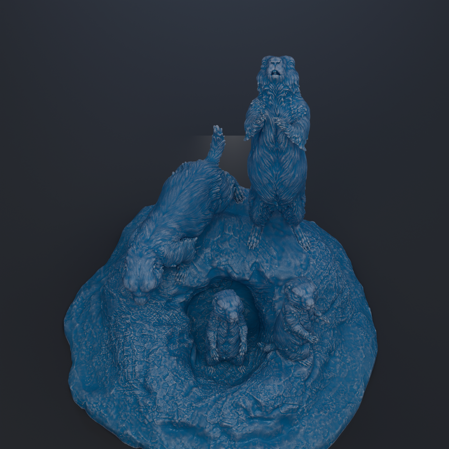 A 3D rendering of a blue-colored animal figurine, possibly a bear or a similar creature, standing on a rock formation.