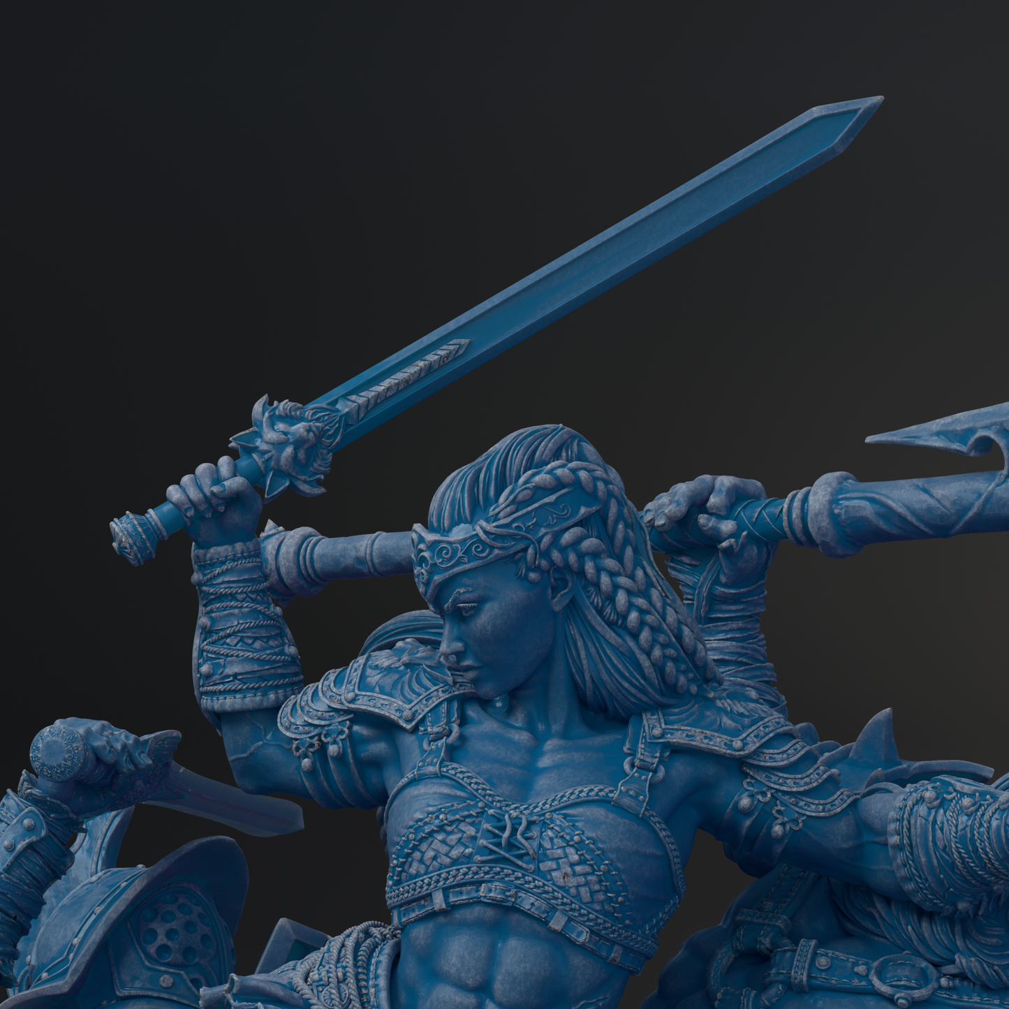A detailed 3D rendering of a female warrior figure wielding a sword, with intricate armor and a fierce expression.