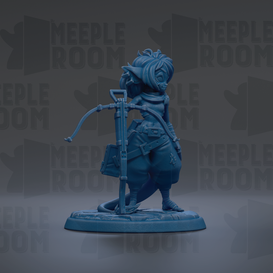 A blue figurine of a character with a bow and arrow, standing on a base.