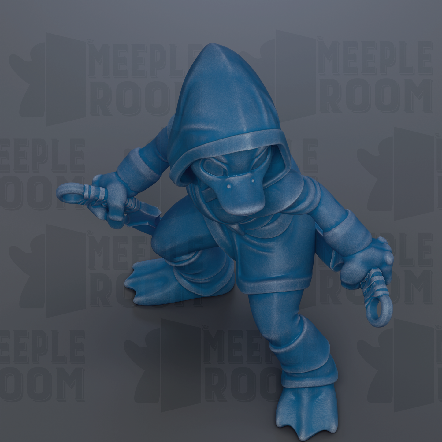 A blue cartoon character wearing a hooded jacket and holding a weapon, standing on one leg against a gray background with repeated text.