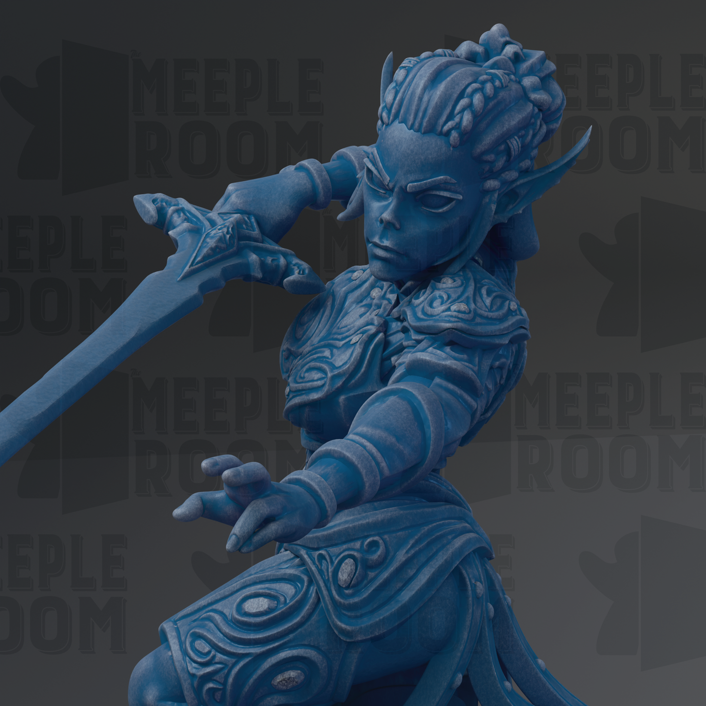 A detailed blue figurine of a female character with intricate armor and a sword, set against a dark background with repeated text.