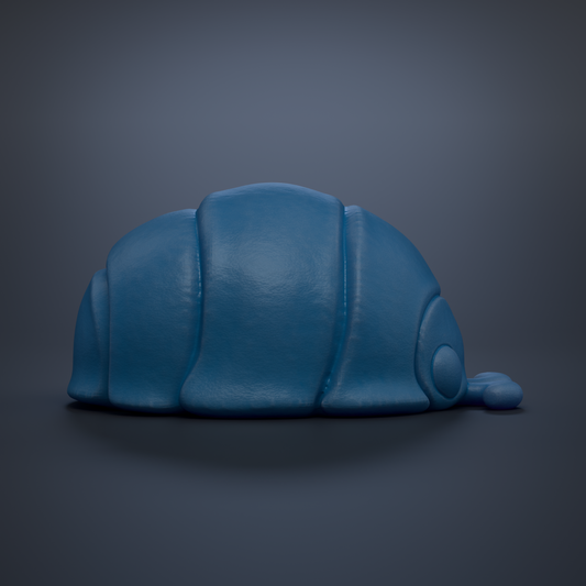 A blue, three-dimensional object resembling a small insect or crustacean, with a curved body and a pointed head, is shown against a dark background.