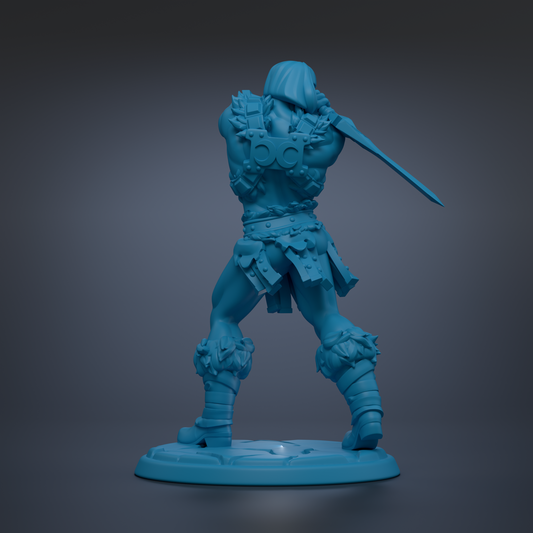A blue 3D model of a warrior figure holding a sword, standing on a base.