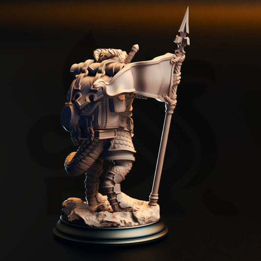 A 3D rendering of a warrior figure holding a flag, standing on a pedestal.