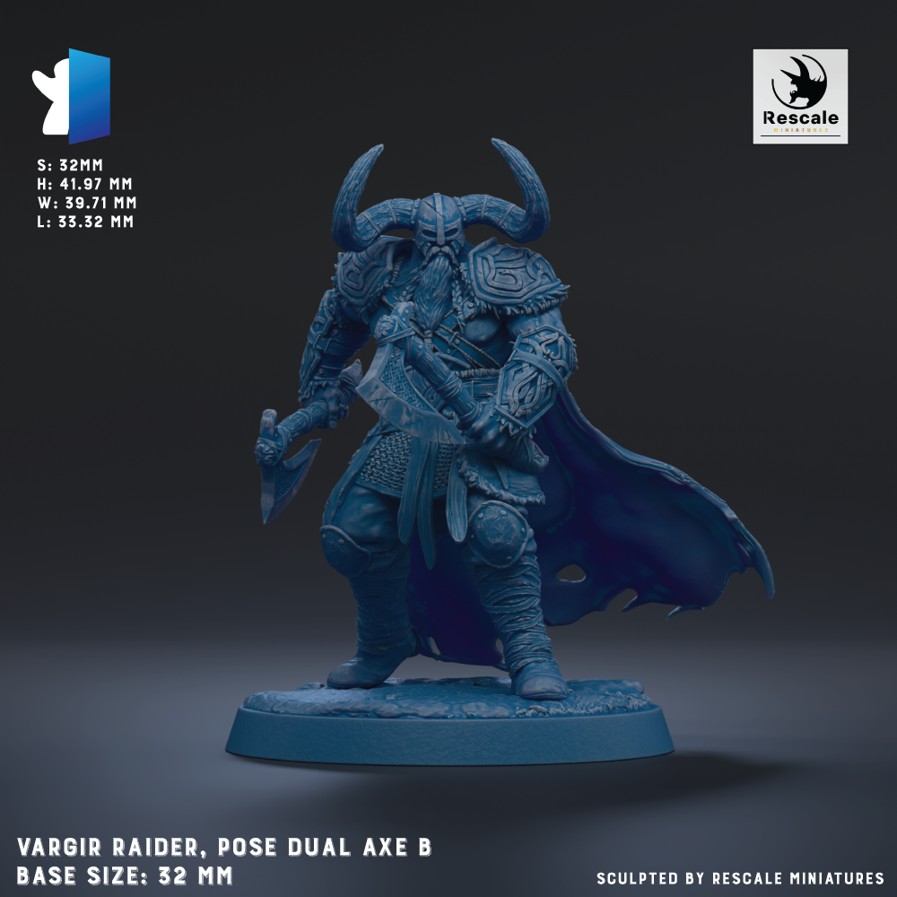 a blue armored figure, likely a Viking RAIDER, posed with a dual-axle B weapon. The figure is standing on a base size of 32mm, with a height of 41.97mm and a width of 43.91mm. The figure is shown in a dynamic pose, ready for action.