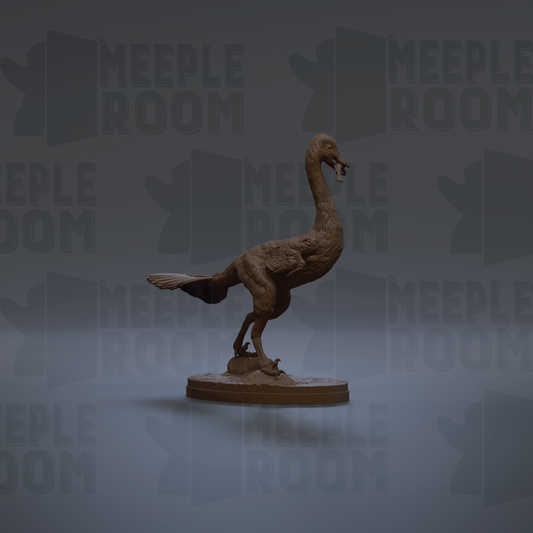 A 3D rendering of a bird, possibly a duck or goose, standing on one leg on a pedestal. The background is a dark gray color with repeated text that reads "MEUPLE ROOM".
