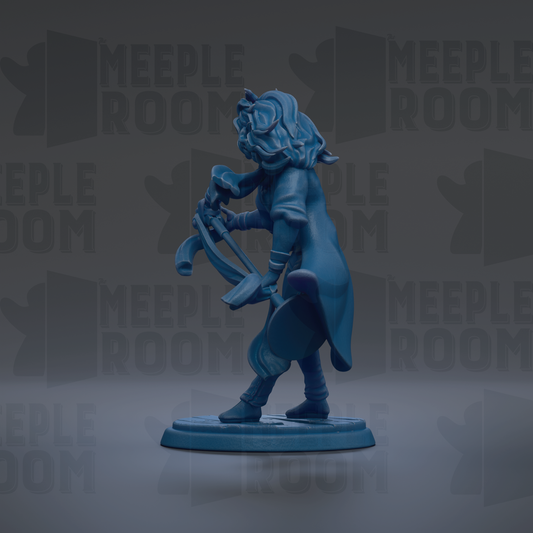 A blue figurine of a person holding a sword and shield, standing on a platform against a dark background with repeated text.