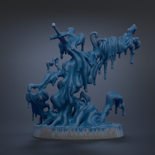 A 3D rendering of a blue, abstract sculpture with flowing, dripping, and dripping elements, resembling a dripping liquid or a dripping waterfall.