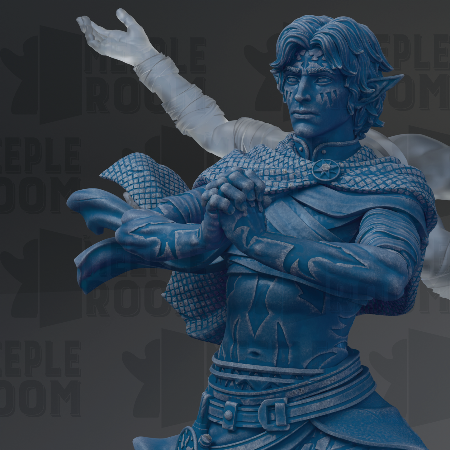 A blue statue of a warrior figure with a flowing cape and intricate designs on his armor, set against a dark background with the text "EPLERE ROOM" visible.