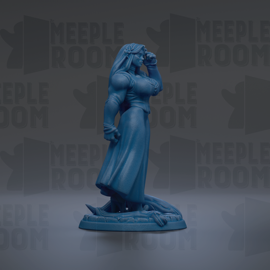 A blue figurine of a woman with long hair and a flowing dress stands on a base, with the text "MEUPLE ROOM" repeated in the background.