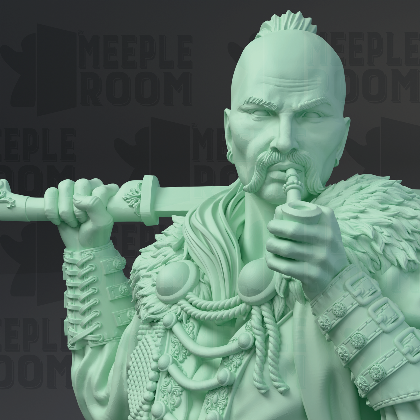 A detailed 3D model of a warrior figure, holding a sword and a pipe, with intricate armor and facial features.