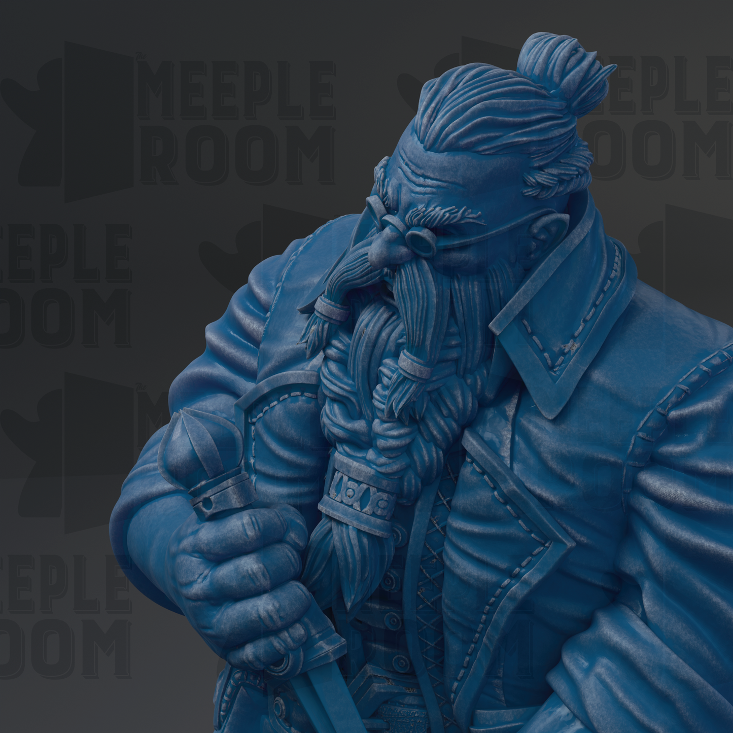 A close-up of a blue statue depicting a bearded man wearing a jacket and holding a sword.
