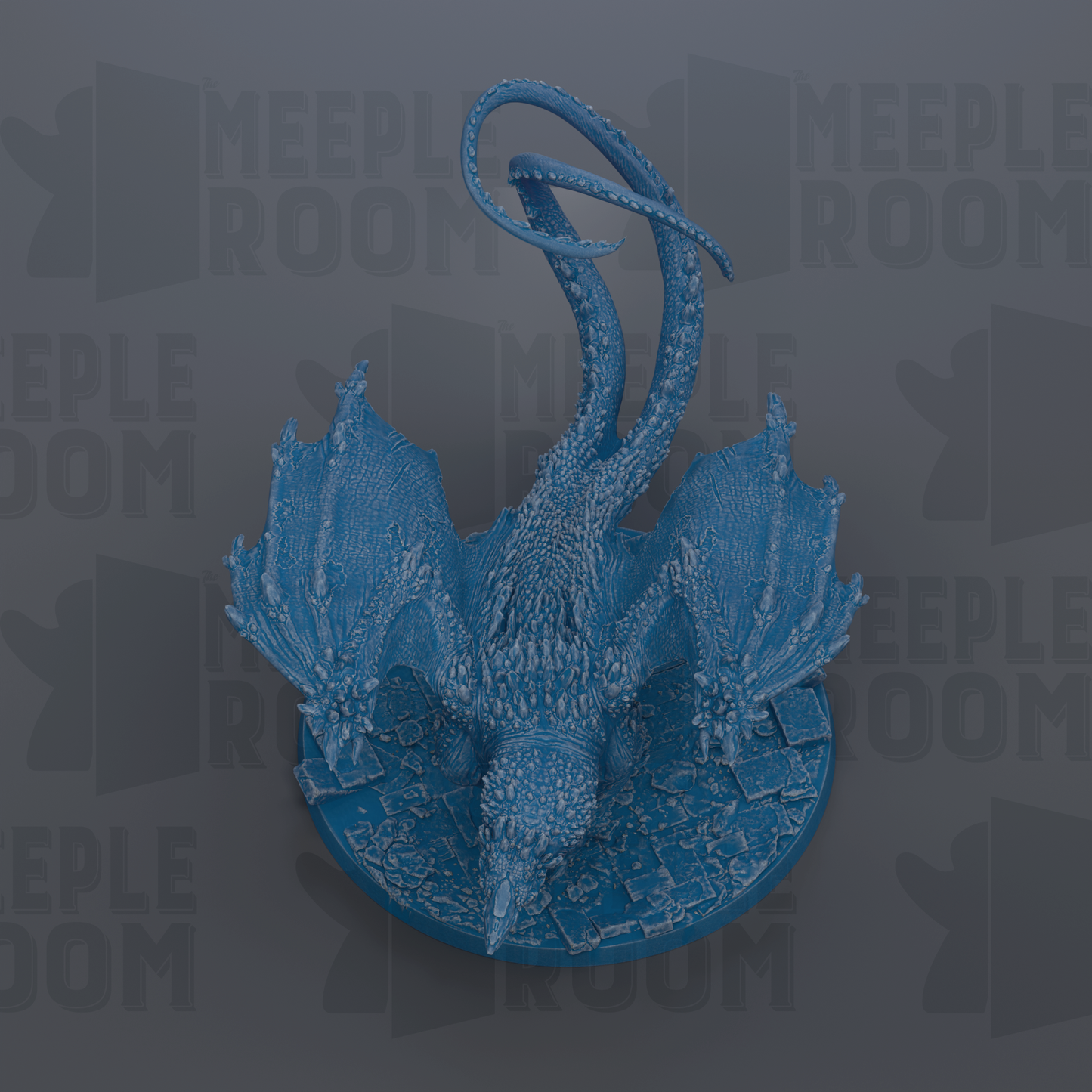 A blue dragon figurine with wings and scales is displayed against a dark background with repeated text.