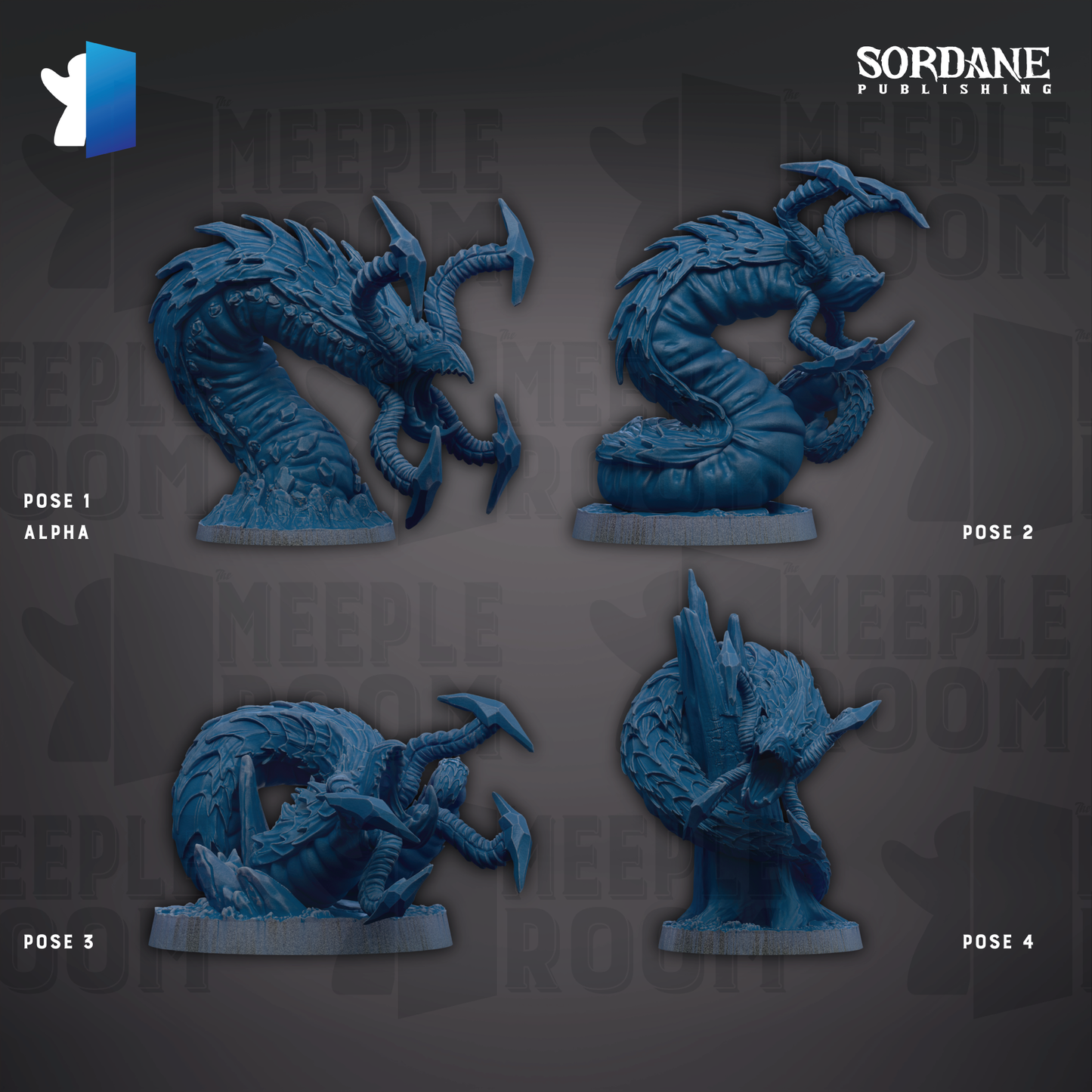 four blue figurines of fantastical creatures, each with unique poses and features, arranged in a grid-like pattern against a dark background.