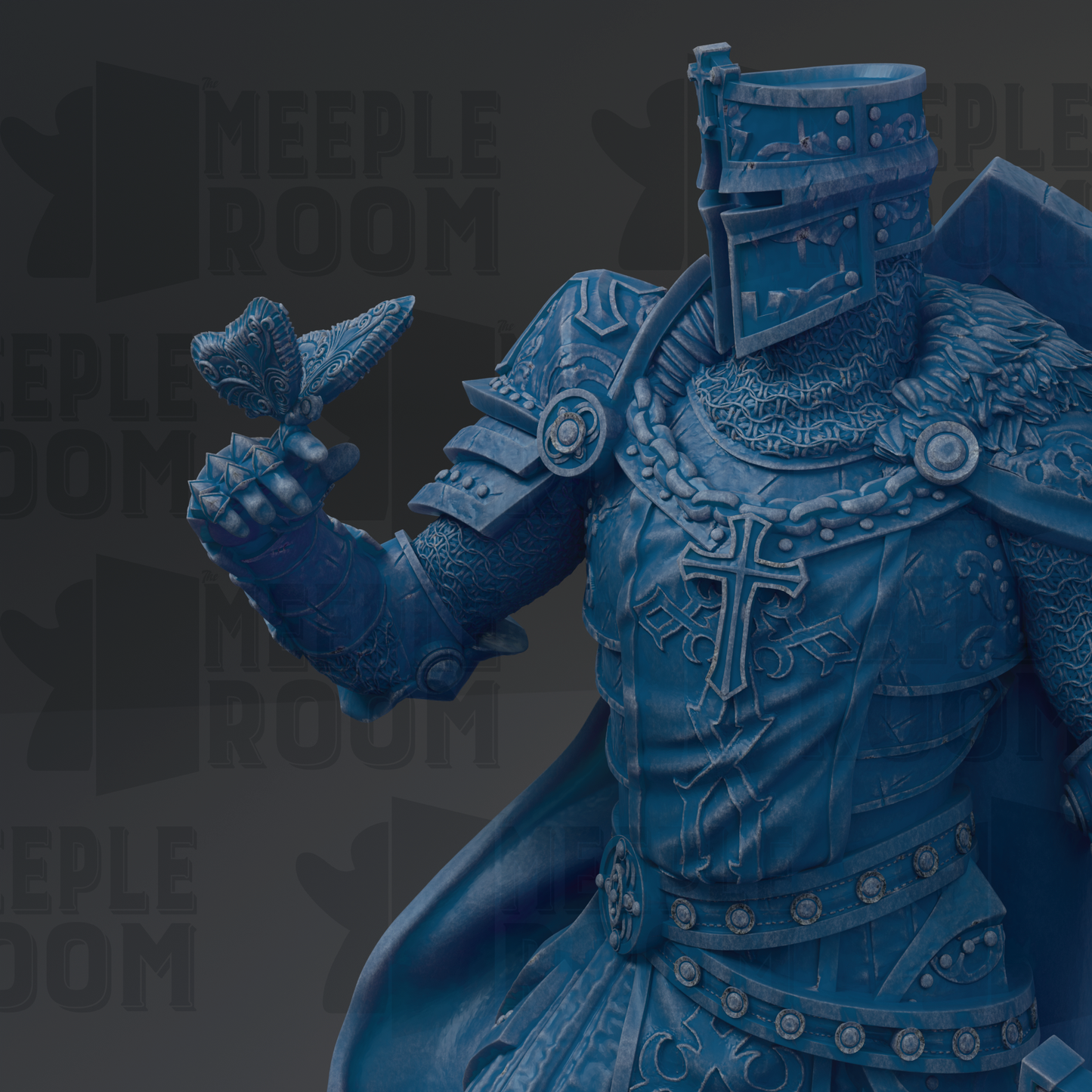 A detailed 3D rendering of a knight in shining armor, holding a shield and a sword, with intricate designs and patterns on the armor.