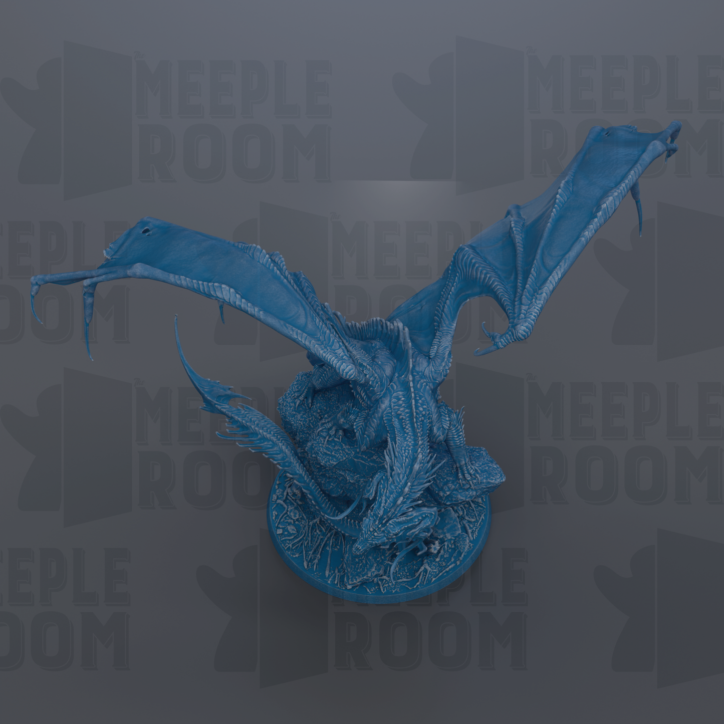 A blue dragon figurine is depicted in the center of the image, with its wings spread wide.