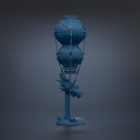 A blue, spherical object with a dragon head and wings attached to it, standing on a pedestal.