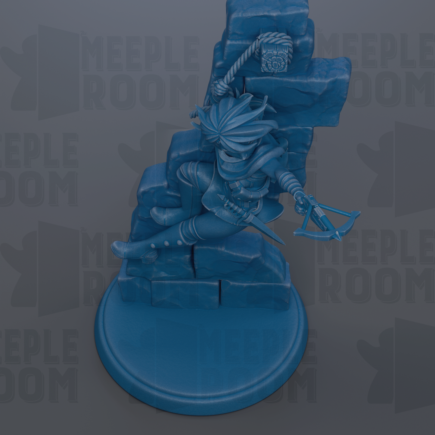 A blue figurine of a person holding a weapon and standing on a platform, with the text "MEEPLE ROOM" repeated in the background.