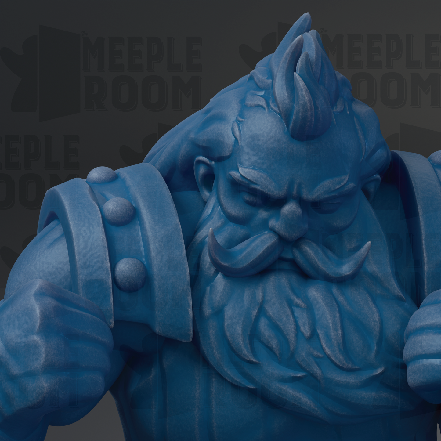 A close-up of a blue, sculpted figure with a stern expression, wearing a helmet and holding a weapon.