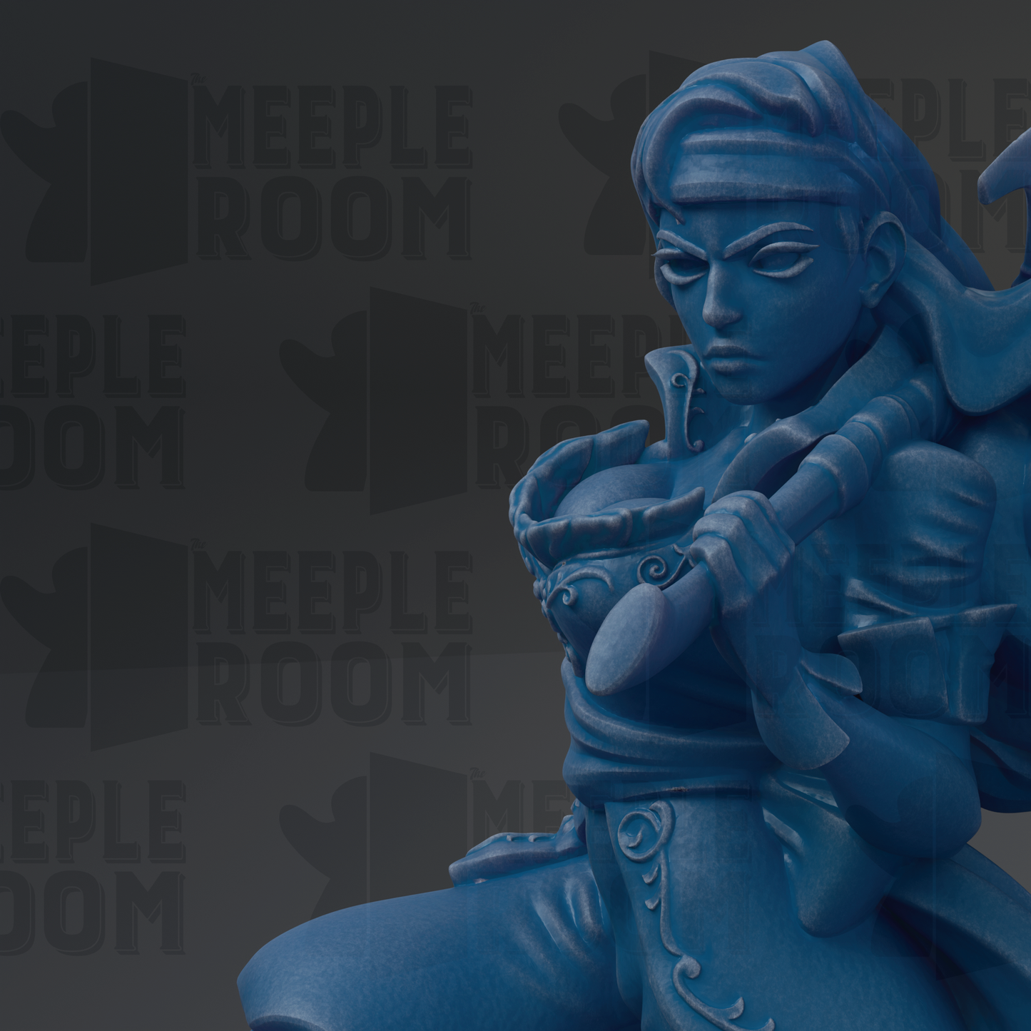 A blue, 3D-rendered statue of a woman with a serious expression, holding a weapon.