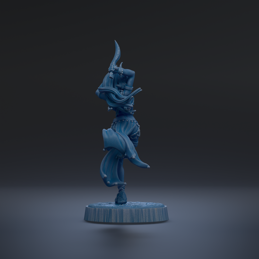 A 3D rendering of a stylized figure, possibly a deity or mythological character, standing on a pedestal against a dark background.