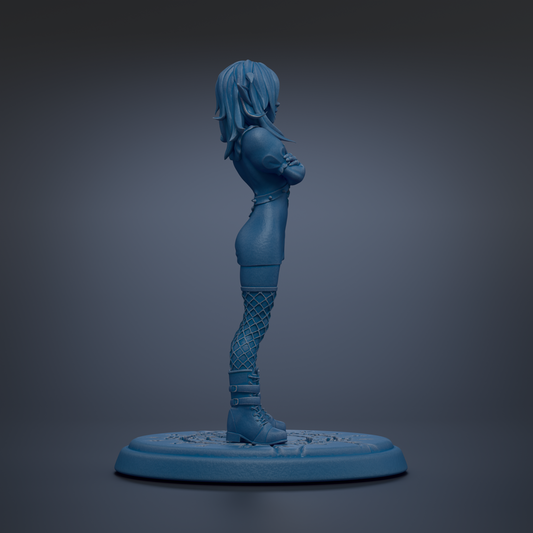 A blue 3D model of a female character with long hair and a serious expression, standing on a blue base.