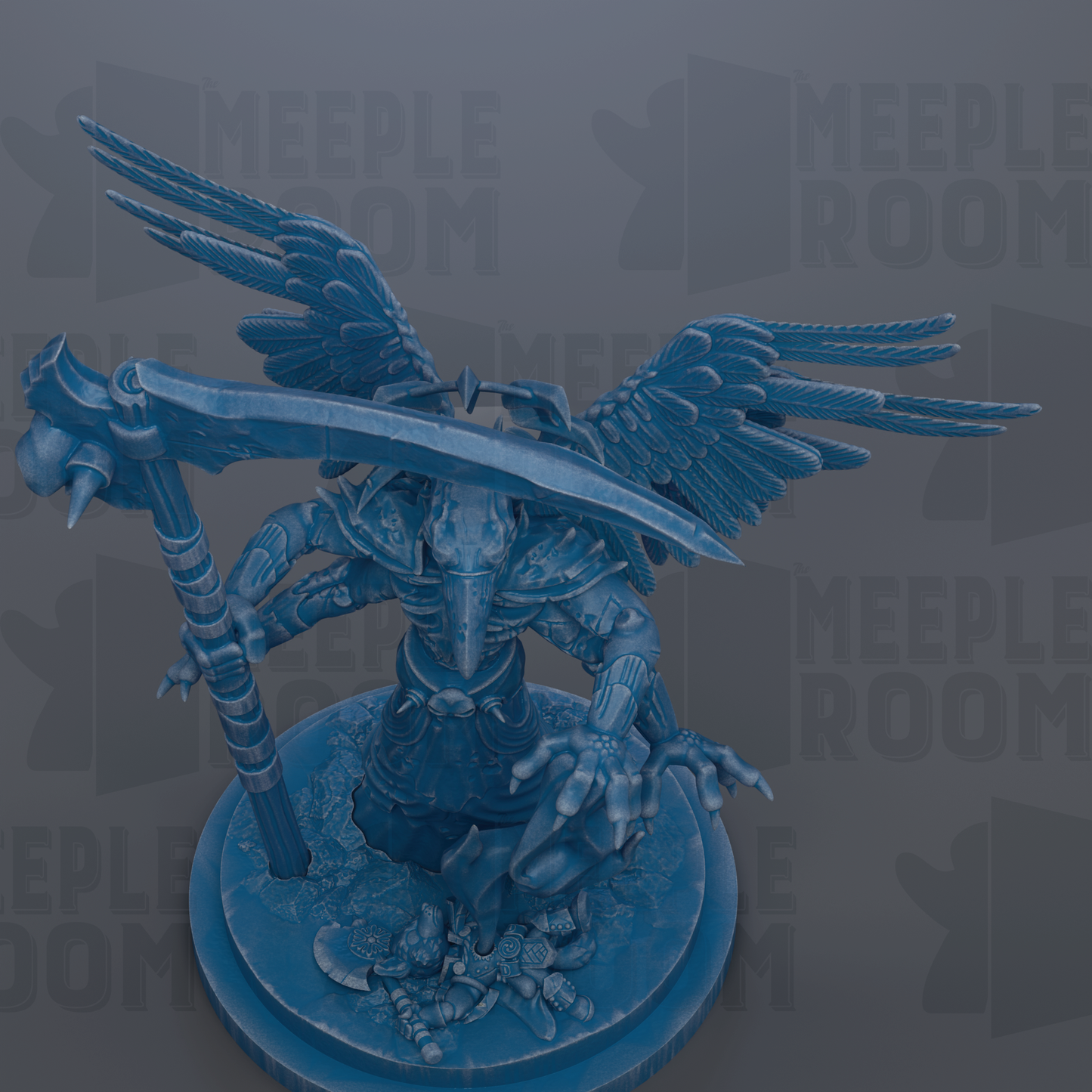 A detailed 3D rendering of a winged, armored figure with a sword and shield, set against a dark background with repeated text.