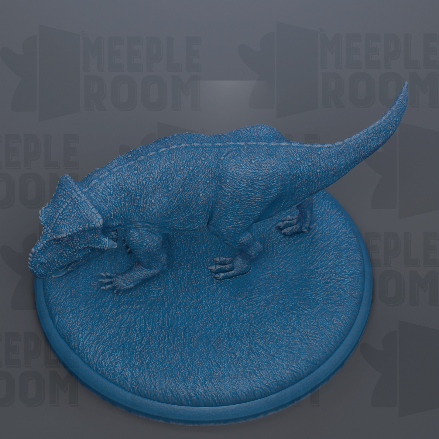 A 3D rendering of a blue dinosaur figurine on a circular base.