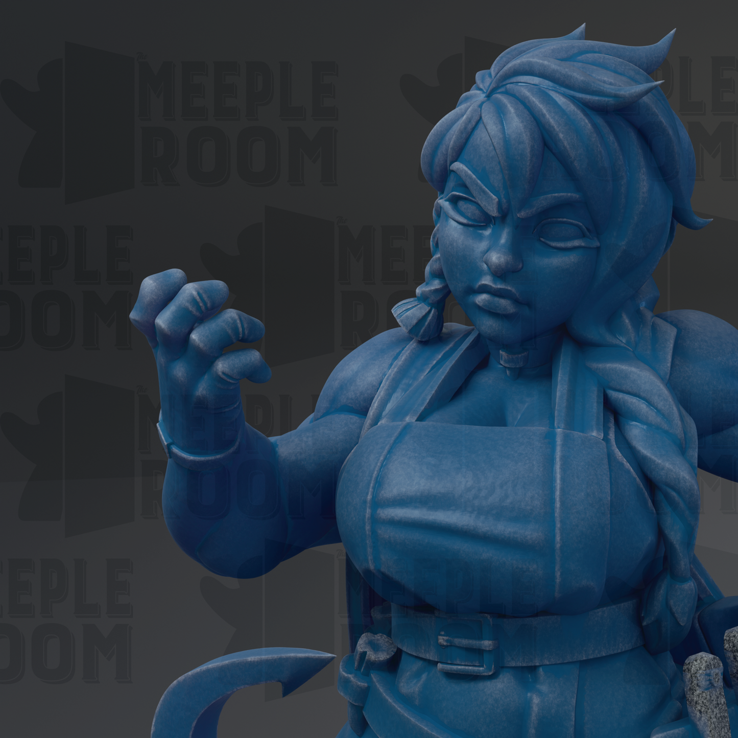 A close-up of a blue, cartoonish female character with a serious expression, wearing a belt and holding a weapon.