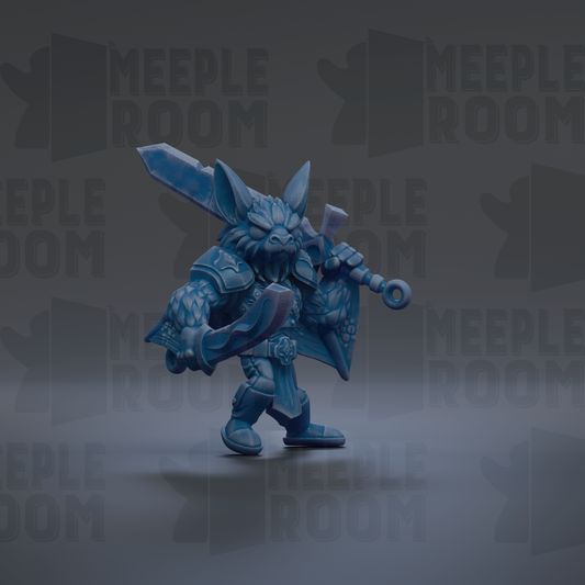 A blue, cartoonish-looking creature with a sword and shield, standing against a dark background with repeated text.