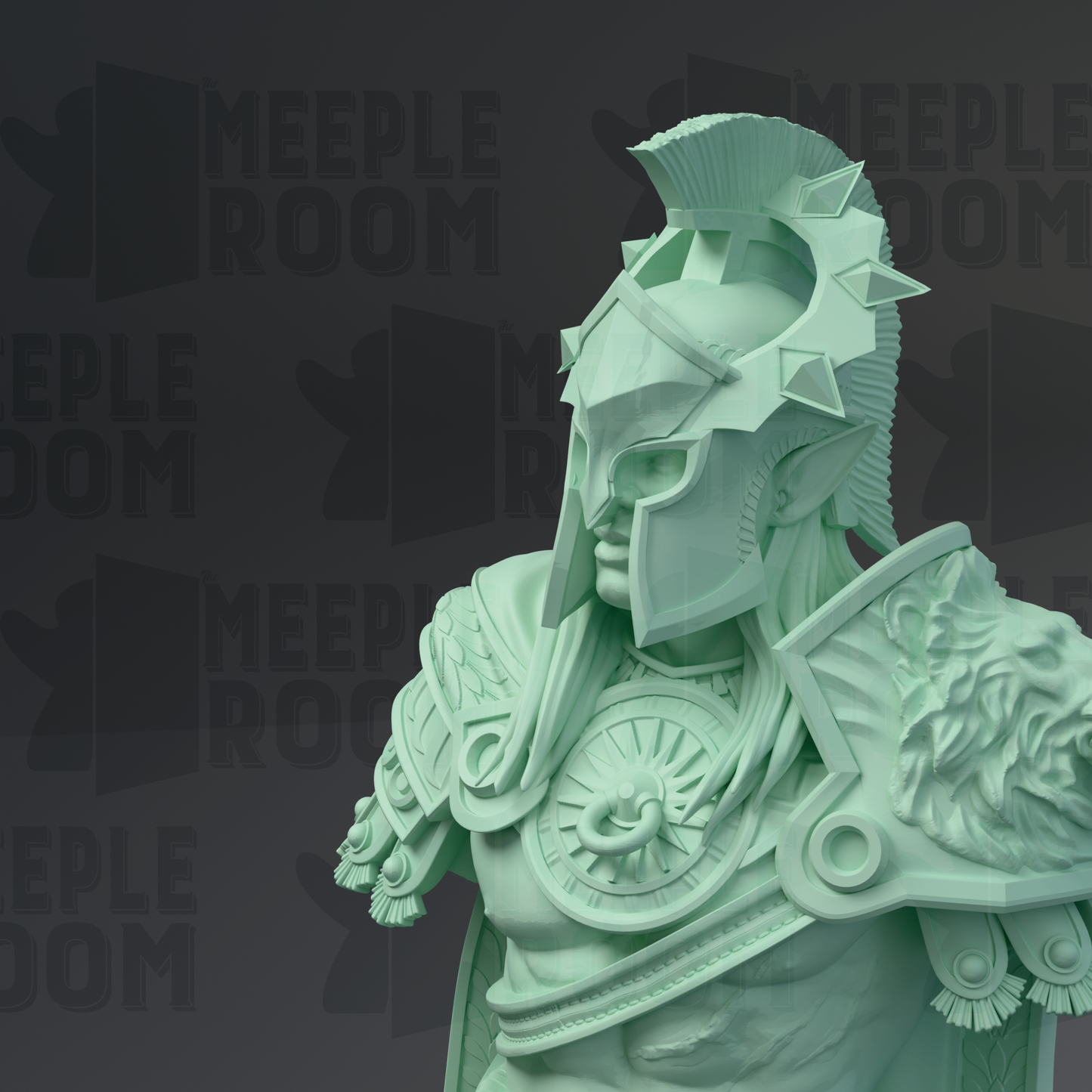 A detailed statue of a warrior figure wearing a helmet with a plume, armor, and decorative elements.