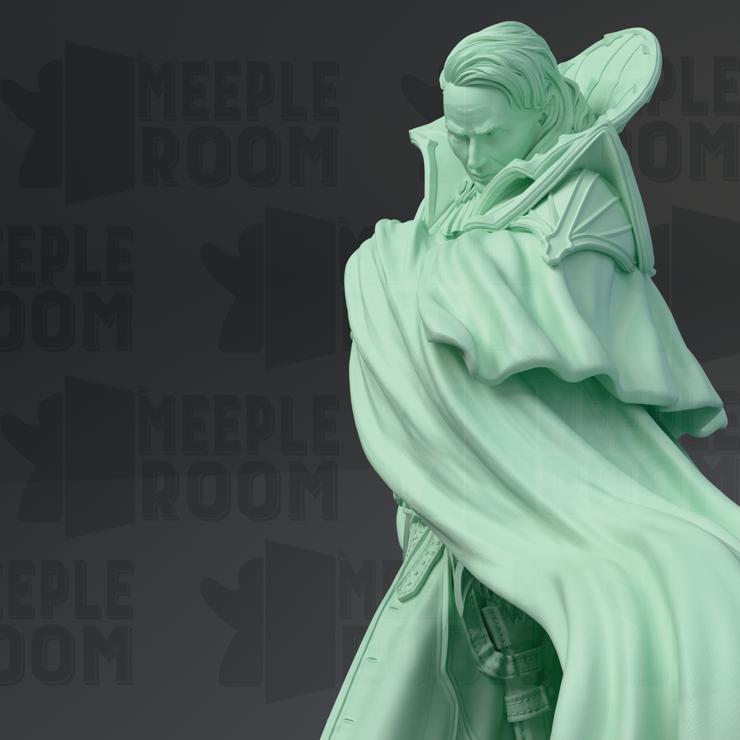 A statue of a person with a flowing robe and a serious expression, set against a dark background with repeated text.