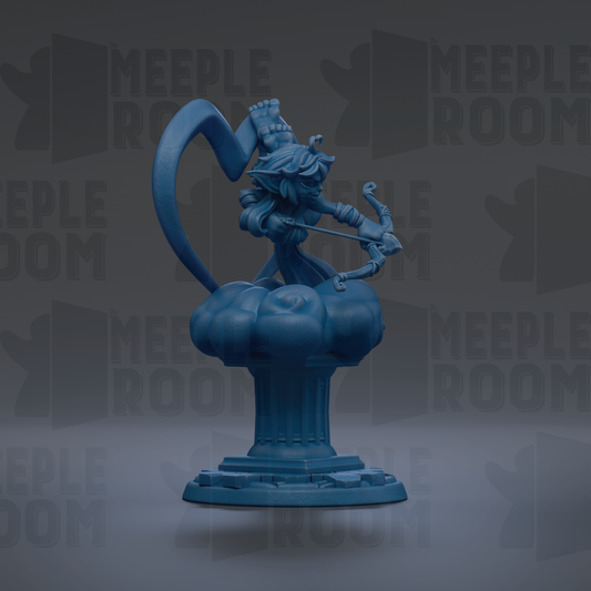 A blue figurine of a character holding a bow and arrow, standing on a pedestal.