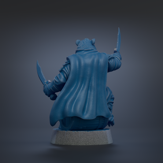 A blue statue of a person sitting on a pedestal, holding a sword in each hand.