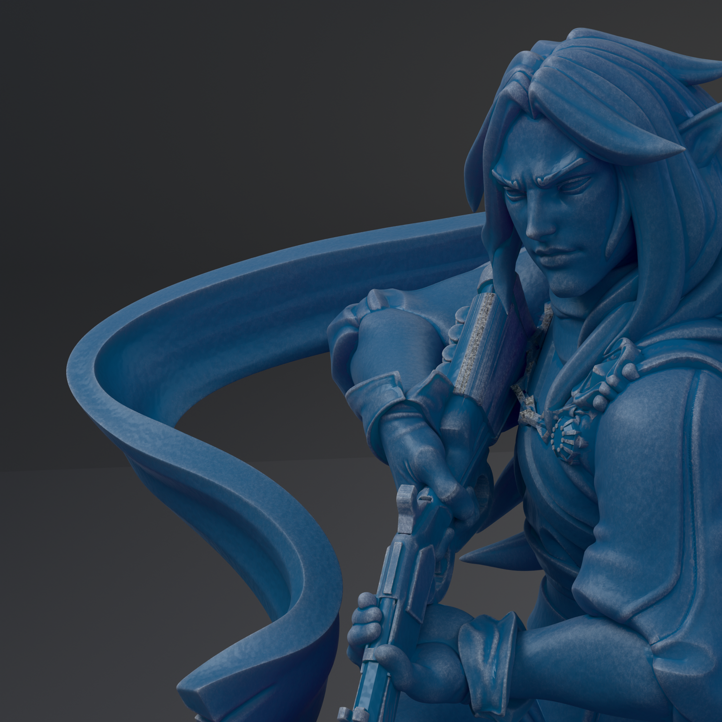 A close-up view of a blue statue depicting a man with long hair and a serious expression, holding a weapon.