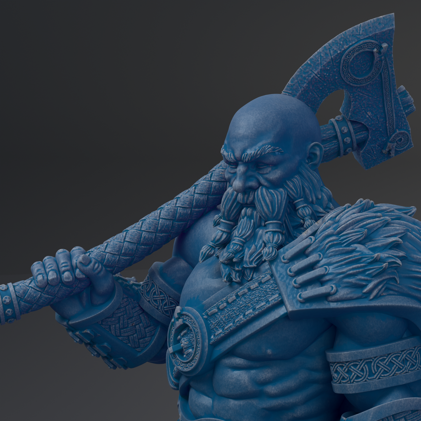 A detailed 3D rendering of a blue-colored warrior figure holding a large weapon, likely an axe, and wearing ornate armor.