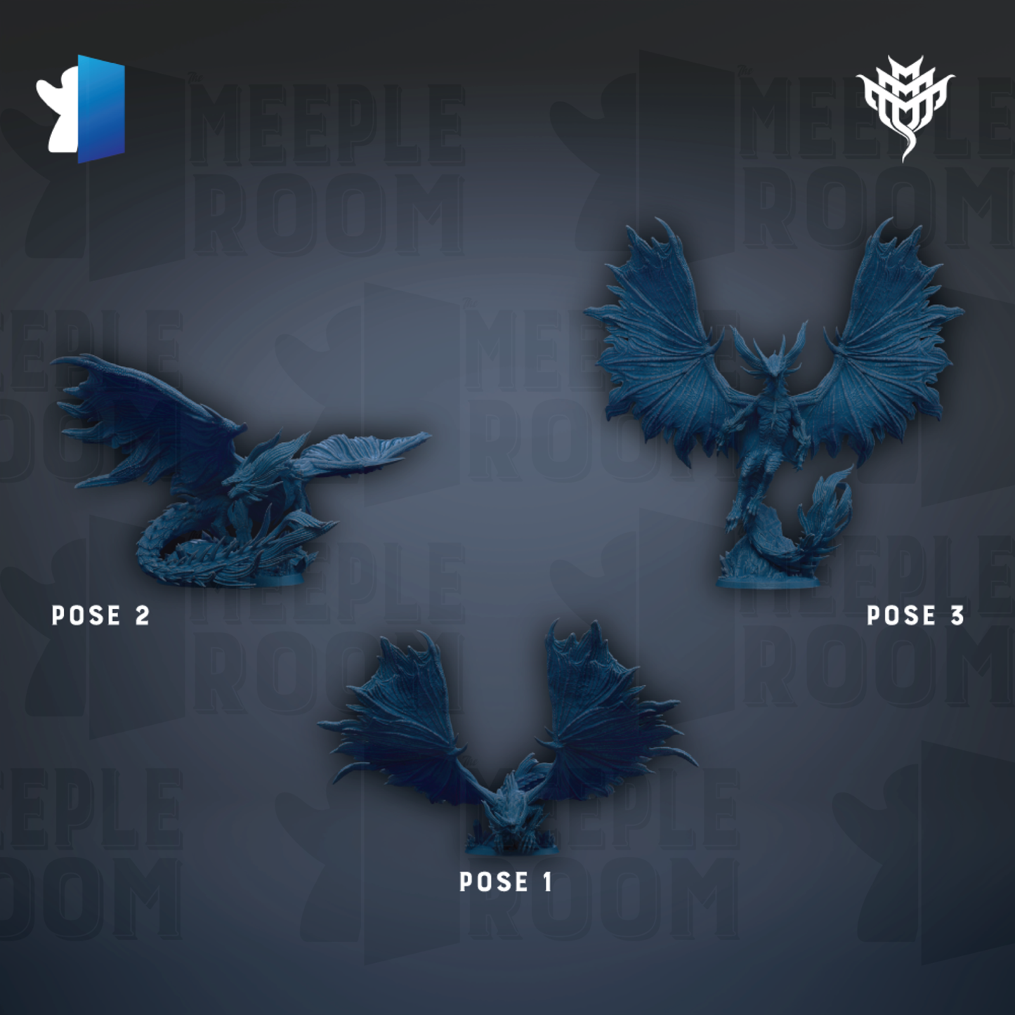 three blue dragon figurines, each with different pose settings, displayed against a dark background with repeated text.