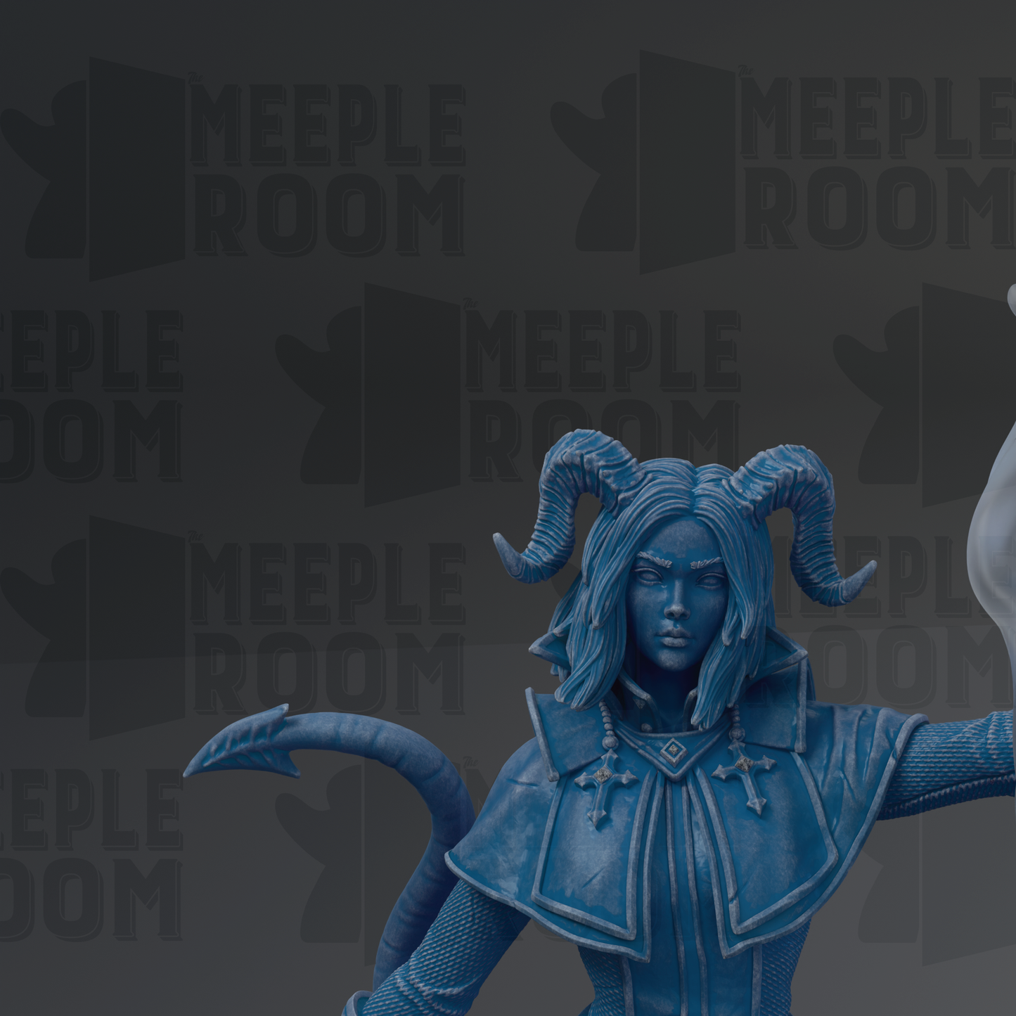 A blue statue of a woman with horns and a flowing robe, set against a dark background with repeated text.