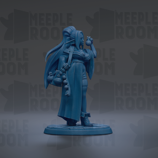 A blue figurine of a person with long hair and a flowing robe, holding a weapon and standing on a platform.