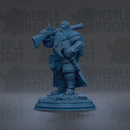 A blue figurine of a bearded man holding a gun and standing on a base, with the text "MEUPLE ROOM" repeated in the background.
