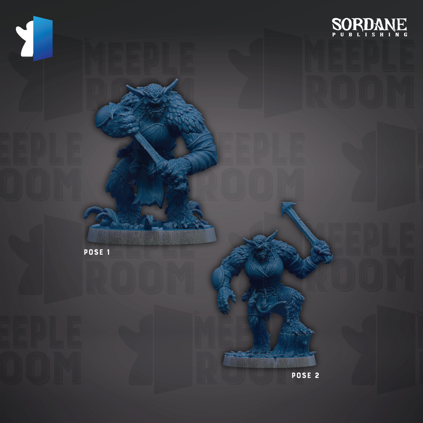 two blue figurines of fantastical creatures, each with a unique pose, set against a dark background with repeated text.
