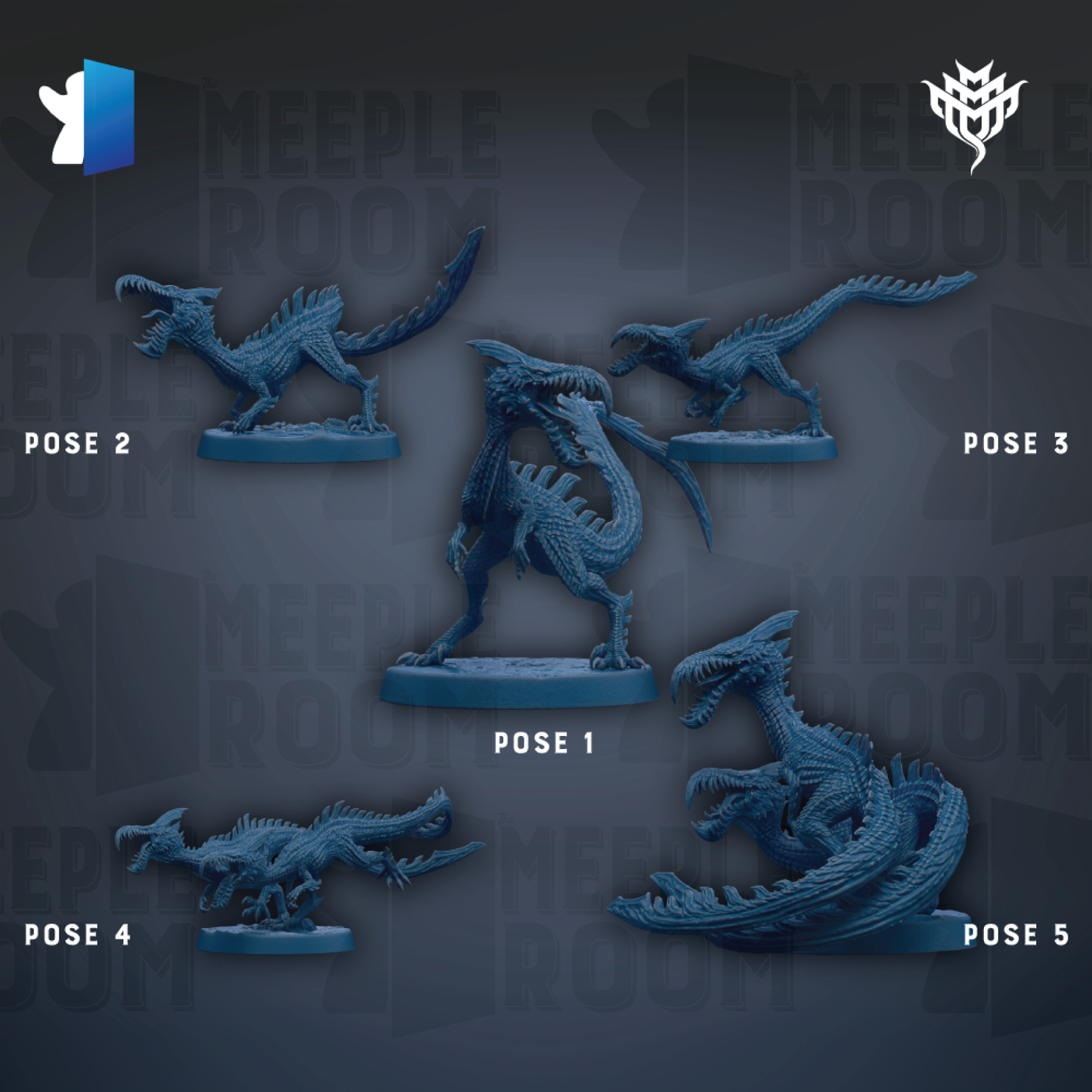 five blue figurines of fantastical creatures, each with a unique pose, arranged against a dark background.