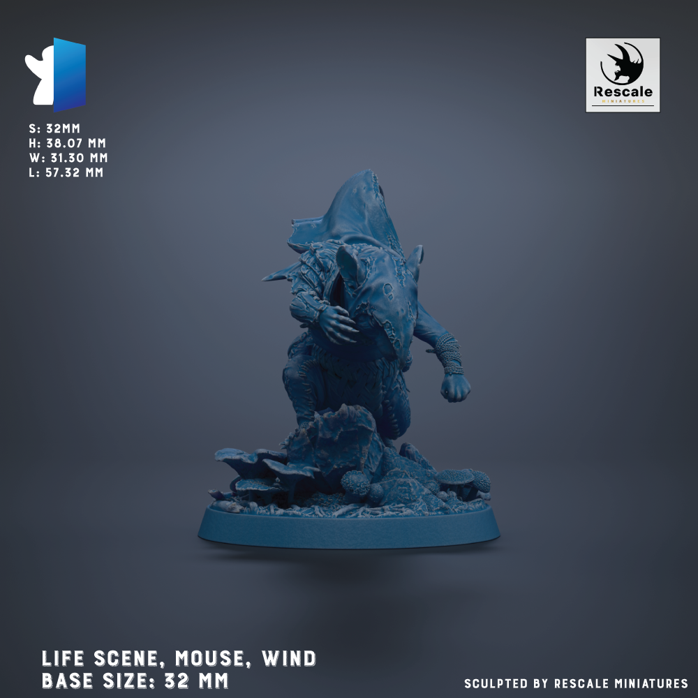 The image is a 3D rendering of a figurine of a mouse-like creature, possibly a mouse or a similar small animal, standing on a base. The figurine is depicted in a dynamic pose, with its body twisted and arms extended. The base of the figurine is described as 32 mm in size. The image is a 3D rendering of a figurine, and it is not a collage of multiple images. The figurine is described as being sculpted by Rescale miniatures.