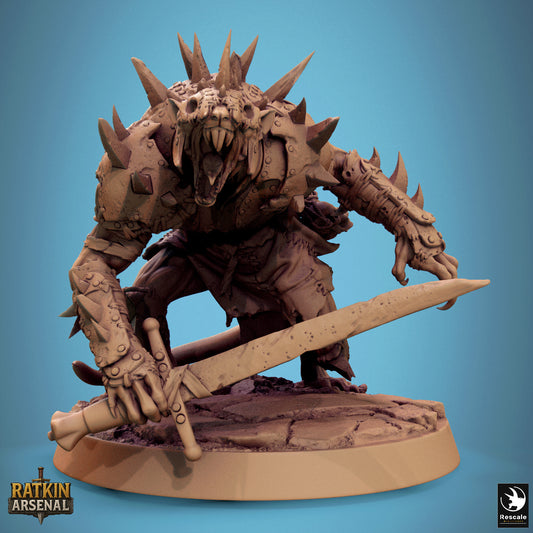 A 3D model of a fierce-looking monster with sharp teeth and claws, holding a large sword in its hands.