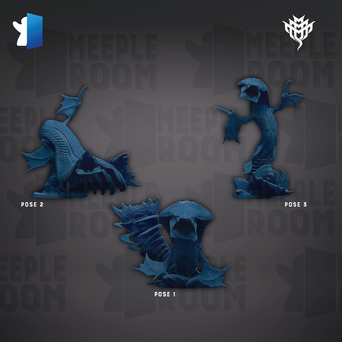 three blue figurines of creatures, each with different poses, displayed against a dark background with the text "MEIPLE ROOM" repeated multiple times.