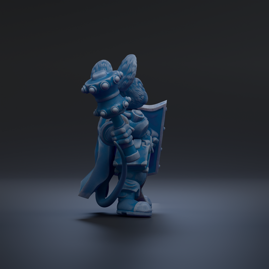 A blue, 3D-rendered character with a shield and a long, curved weapon stands in a dark environment.