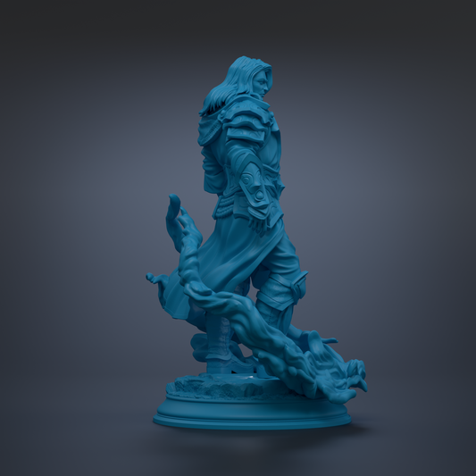 A blue statue of a person standing on a pedestal, with a flowing cape and a sword in their hand.