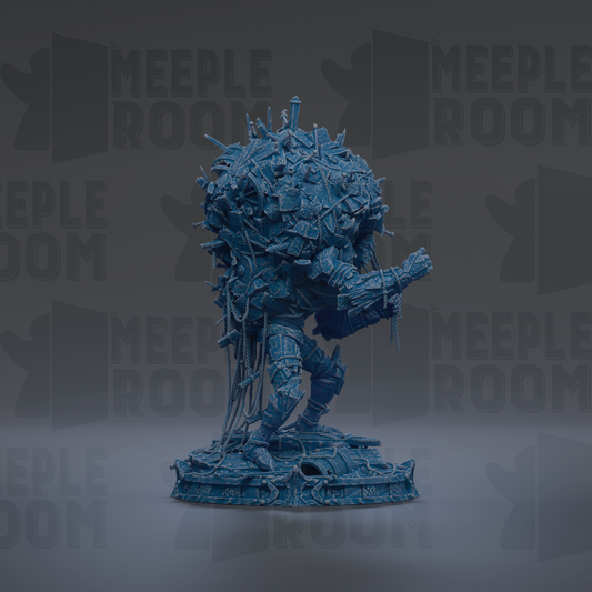 a blue, 3D-rendered character with a complex, intricate design and a textured appearance.