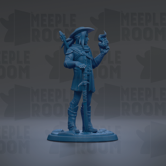 A blue figurine of a person holding a staff and a flame, standing on a base.